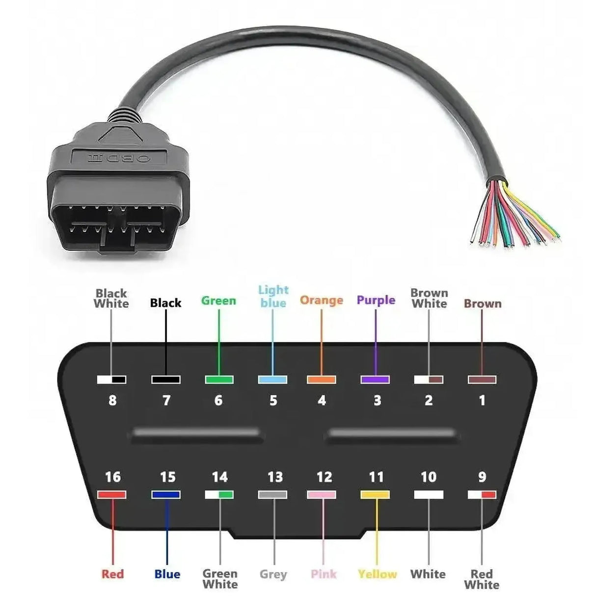 Conector OBD2 de 16 pines (Macho) con 16 Cables Abiertos (30 cm) | Accesorios