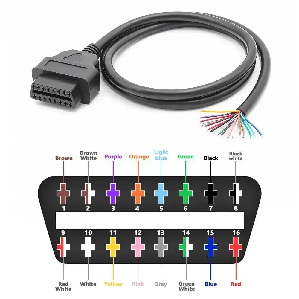 Puerto OBD2 de 16 pines (hembra) con 16 cables abiertos de extremo – 100 cm