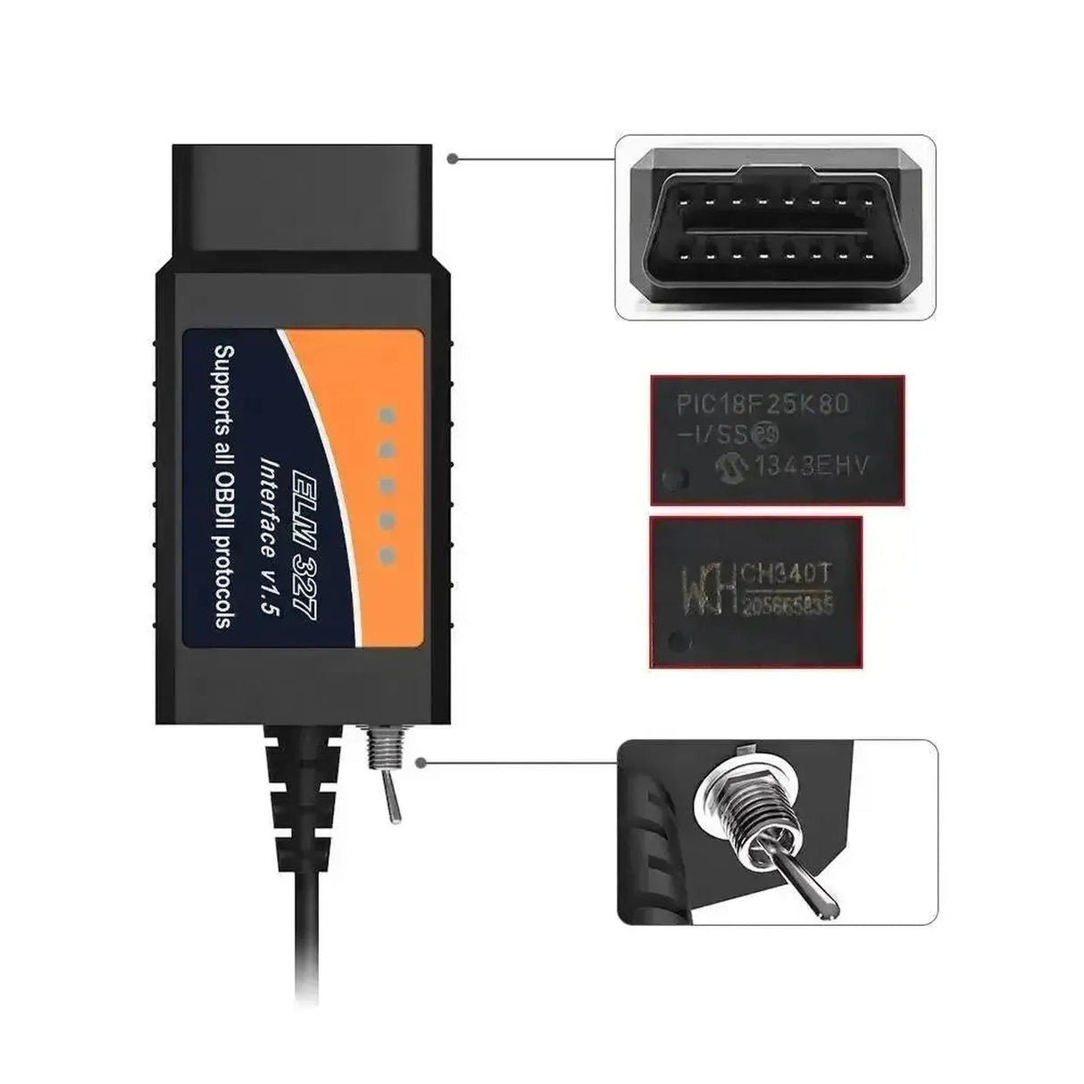 Cable interfaz USB ELM327 universal (FT232RL) con conmutador HS/MS-CAN