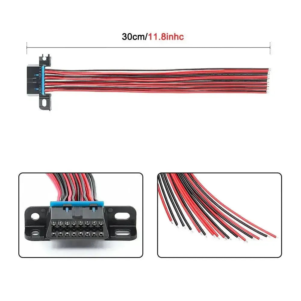Puerto OBD2 universal de 16 pines (hembra) con 16 cables de extremo abierto - 30 cm